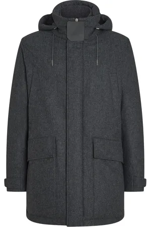 Ermenegildo Zegna Frakke, Herre, Grå, 2XL, Uld, Uld Parka med Aftagelig Hætte