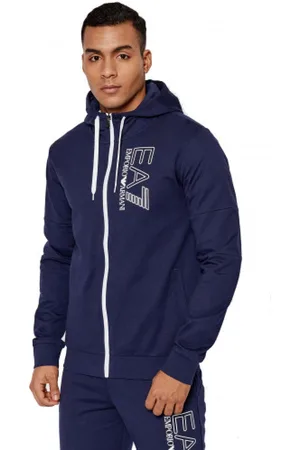EA7 Sweathshirts & Hoodies, Herre, Blå, XS, Bomuld, Navy Zip-Up Hættetrøje