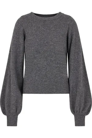 Emporio Armani Strik, Dame, Grå, M, Uld, Ribstrikket sweater med rund hals og lange ballonærmer