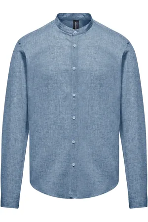 Bomboogie Skjorte, Herre, Blå, XS, Bomuld, Linen/Cotton Skjorte med Mandarin Krave