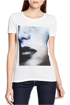 Calvin Klein Top, Dame, Hvid, M, Bomuld, Hvid T-shirt med blåt og sort print