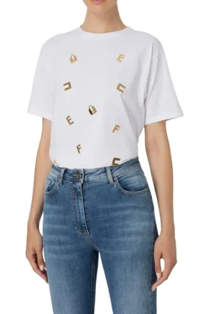 Elisabetta Franchi Top, Dame, Hvid, XS, Uld, Crewneck Sweater med Plaketter og Bogstaver