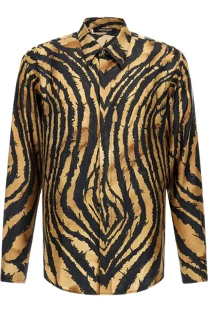 Roberto Cavalli Skjorte, Herre, Flerfarvet, L, Brun Freedom Print Skjorte Made in Italy