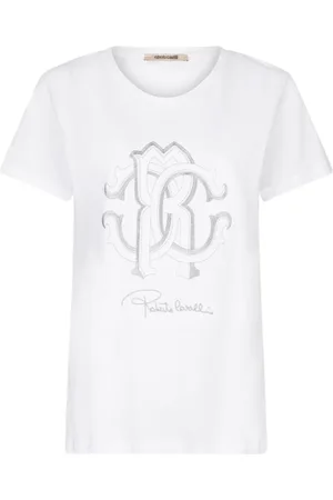 Roberto Cavalli Top, Dame, Hvid, S, Bomuld, Monogram RC T-shirt