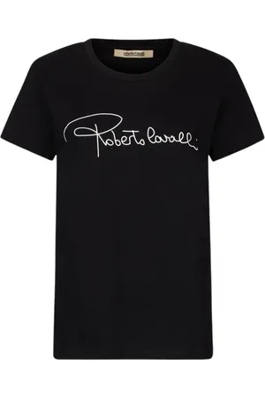 Roberto Cavalli Top, Dame, Sort, M, Bomuld, Lettering Crew-neck Kortærmet T-shirt