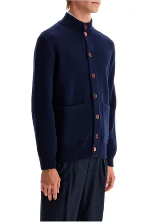 Brunello Cucinelli Strik, Herre, Blå, M, Uld, Double Knit Cardigan med Patch Lommer