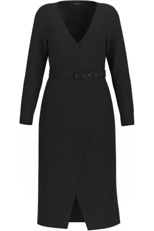 Guess Kjole, Dame, Sort, XL, Uld, Amalia LS VCollar Belted Midi Kjole