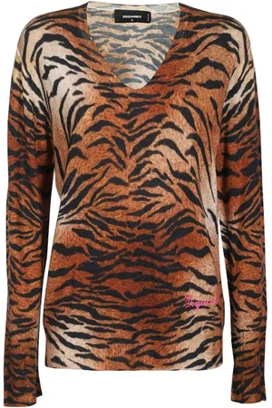 Dsquared2 Strik, Dame, Flerfarvet, XS, Uld, Animal Print Jomfruuld Sweater