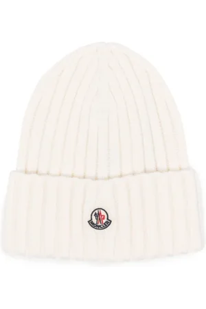 Moncler Tilbehør, unisex, Hvid, ONE SIZE, Uld, Elfenbenshvid Ribstrikket Beanie Hue
