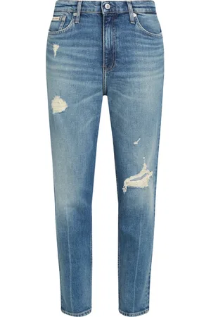 Calvin Klein Jeans, Dame, Blå, W27, Blå Mom Fit Jeans med Tilspidset Ben