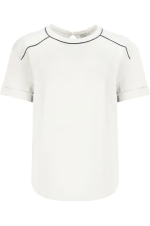 Brunello Cucinelli Top, Dame, Hvid, M, Bomuld, Bomulds T-shirt med messingdetaljer