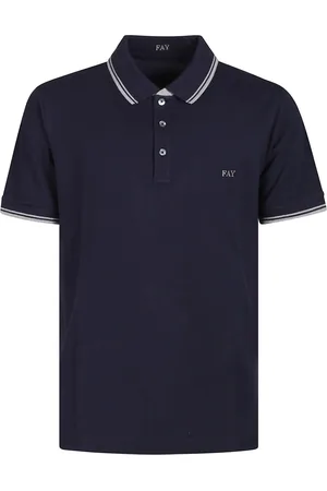 FAY Top, Herre, Blå, L, Uld, Stribet poloshirt med dobbelt krave