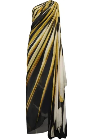 Roberto Cavalli Kjole, Dame, Flerfarvet, 2XL, Uld, Guld Print One-shoulder Kaftan Kjole