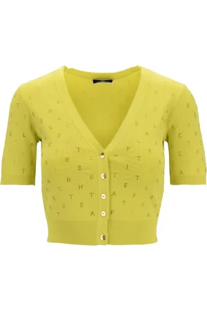 Elisabetta Franchi Strik, Dame, Gul, XS, Kortærmet Cropped Top med Krystaludsmykning og V-udskæring