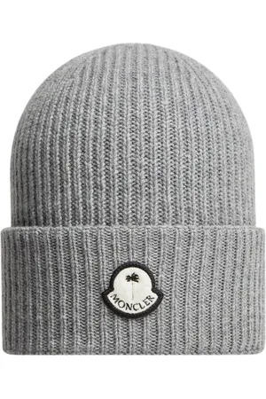 Moncler Tilbehør, unisex, Grå, ONE SIZE, Uld, Uldstrikket Beanie Hat med Logo Patch