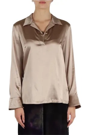 Maliparmi Bluser & Skjorter, Dame, Brun, XL, Satin, Silke Satin V-hals Bluse
