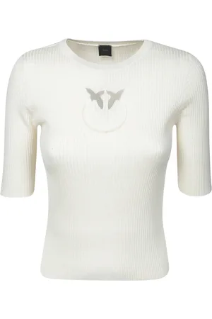 Pinko Strik, Dame, Hvid, L, Ribstrik Sweater med Kontrast Logo