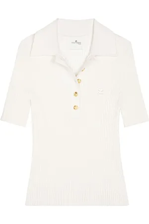 Courrèges Top, Dame, Hvid, S, Uld, Ribstrikket T-shirt med Knapper