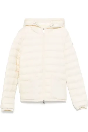 Moncler Jakke, Dame, , L, Uld, Hvid Frakke med Hætte, Snøre og Logo Patch