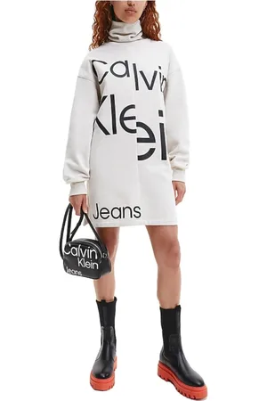 Calvin Klein Kjole, Dame, Hvid, L, Bomuld, Disturbed Logo Roll Kort Kjole