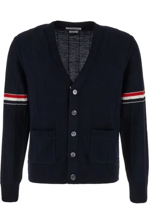 Thom Browne Strik, Herre, Blå, L, Uld, V-Neck Armbind Cardigan