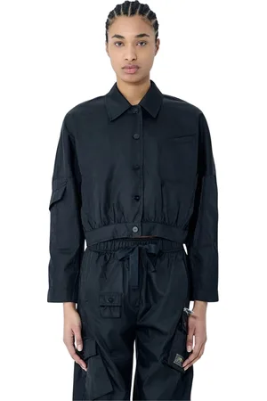 Ganni Jakke, Dame, Sort, L, Nylon, Kort Nylon Crop Jakke med Samlede Sømme