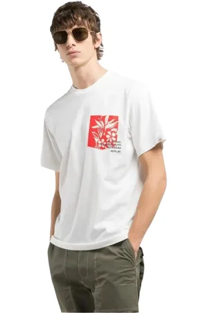 Replay Top, Herre, Hvid, L, Bomuld, Blomsterprint Crew Neck T-shirt