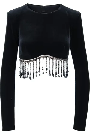 Elisabetta Franchi Top, Dame, Sort, XS, Uld, Velvet Langærmet Top med Pynt