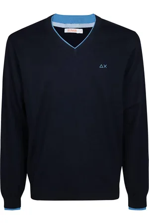 sun68 Strik, Herre, Blå, L, Bomuld, Double Rib V-Neck Sweater