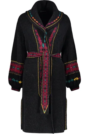 Etro Strik, Dame, Sort, L, Uld, Jacquard Mønster Cardigan med Bælte