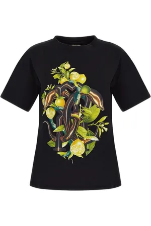 Roberto Cavalli Top, Dame, Sort, L, Slange Print Citron T-shirt