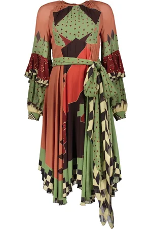Etro Kjole, Dame, Flerfarvet, S, Silke Asymmetrisk Kjole med Jacquard Motiv