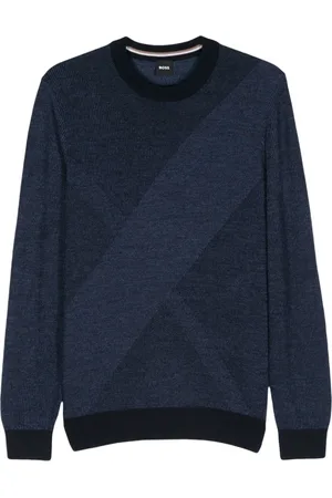 HUGO BOSS Strik, Herre, Blå, 2XL, Uld, Blå Jacquard Uld Sweater