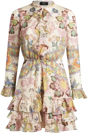 Etro Kjole, Dame, Flerfarvet, 2XS, Hvid Silkeminikjole med Blomsterprint