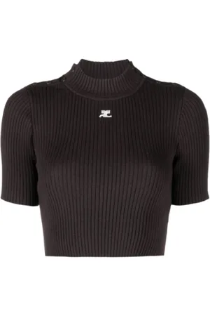 Courrèges Strik, Dame, Brun, S, Uld, Ribstrikket Crop Sweater