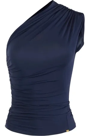 Elisabetta Franchi Top, Dame, Blå, L, Uld, One-shoulder jersey top med gyldne detaljer