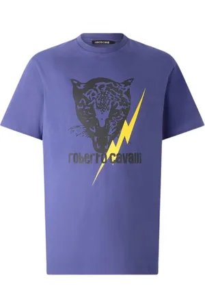 Roberto Cavalli Top, Herre, Blå, M, Bomuld, T-shirt med lyn og jaguar
