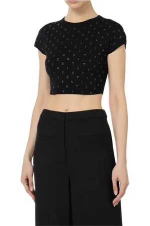 Elisabetta Franchi Top, Dame, Sort, M, Nylon, Kort Viscose Top med Rhinestones