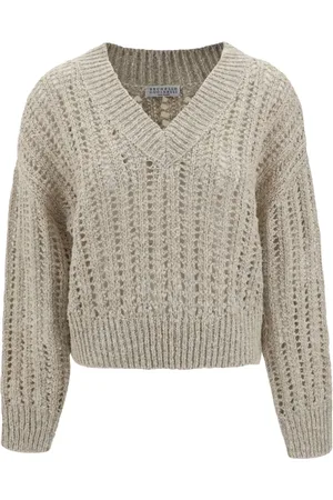Brunello Cucinelli Strik, Dame, , XS, Uld, V-Hals Kabelstrik Sweater