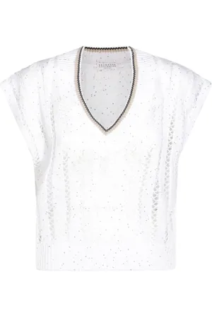Brunello Cucinelli Strik, Dame, Hvid, S, Nylon, Elegant V-hals Strik
