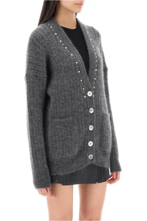 Alessandra Rich Strik, Dame, Grå, XS, Uld, Cardigan med nitter og krystaller