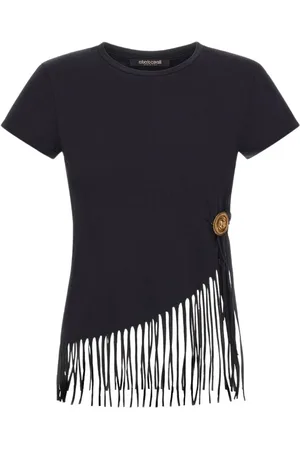 Roberto Cavalli Top, Dame, Sort, M, Bomuld, Sort Frynsekant T-shirt Kvinde
