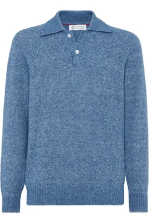 Brunello Cucinelli Strik, Herre, Blå, XL, Bomuld, Blå Strik Polo Shirt