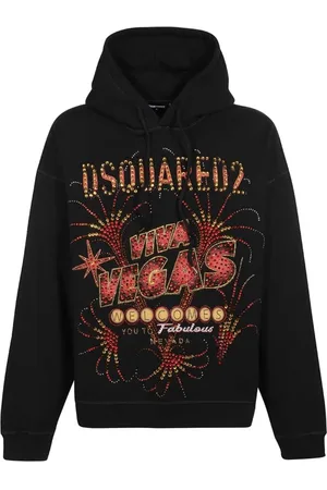 Dsquared2 Sweathshirts & Hoodies, Herre, Sort, M, Bomuld, Las Vegas Trykt Hættetrøje med Snøre