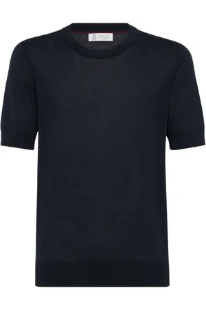 Brunello Cucinelli Top, Herre, Blå, 3XL, Bomuld, Slub-tekstureret, fintstrikket T-shirt