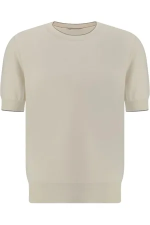Brunello Cucinelli Strik, Herre, Hvid, M, Bomuld, Kontrasterende Ribstrikket T-shirt med Rund Hals