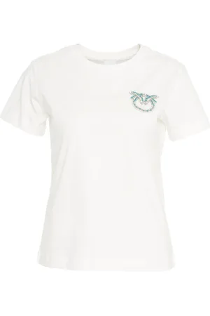 Pinko Top, Dame, Hvid, L, Bomuld, Hvid T-shirt med rhinsten og perleapplikationer