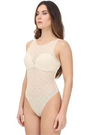 Elisabetta Franchi Top, Dame, , L, Gul Jacquard Ærmeløs Body med Rombe Motiv