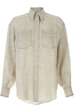 Brunello Cucinelli Bluser & Skjorter, Dame, , L, Linen Skjorte med Monille Manchet