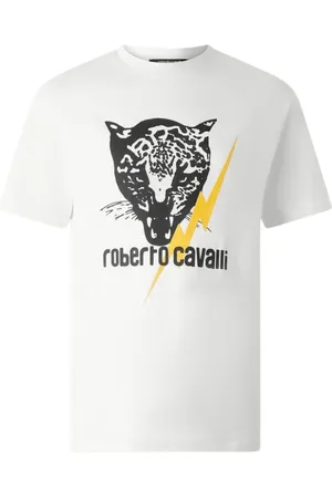 Roberto Cavalli Top, Herre, Hvid, XL, Bomuld, T-shirt med lyn og jaguar